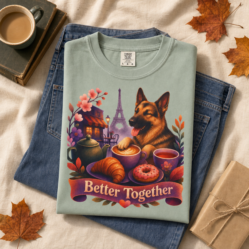 Better Together German Shepherd T-Shirt | Retro Dog, Coffee & Café Tee