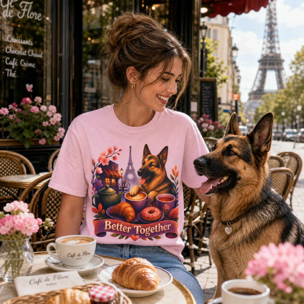 Better Together German Shepherd T-Shirt | Retro Dog, Coffee & Café Tee