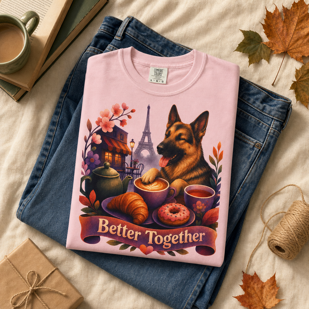Better Together German Shepherd T-Shirt | Retro Dog, Coffee & Café Tee