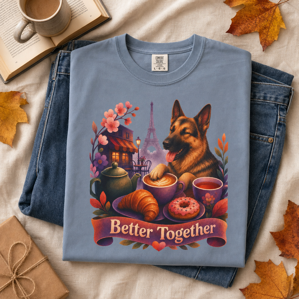 Better Together German Shepherd T-Shirt | Retro Dog, Coffee & Café Tee