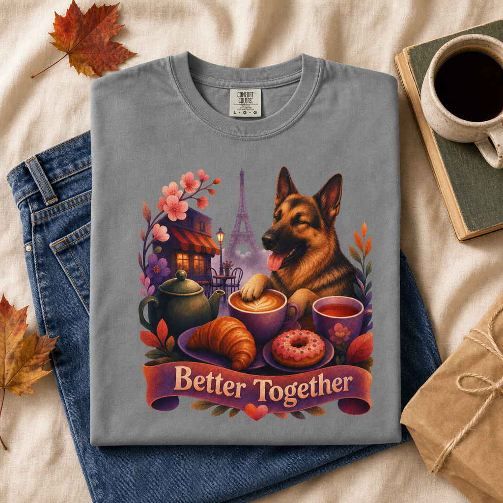 Better Together German Shepherd T-Shirt | Retro Dog, Coffee & Café Tee