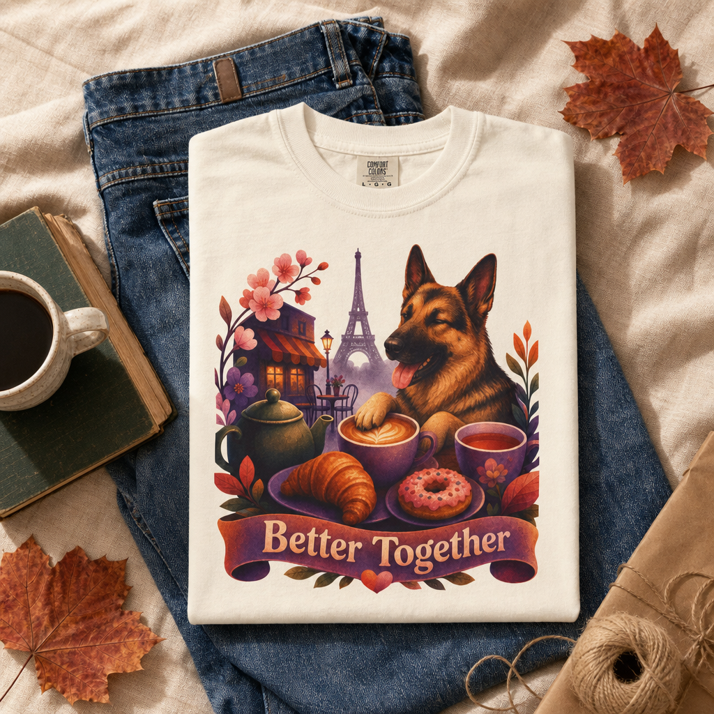 Better Together German Shepherd T-Shirt | Retro Dog, Coffee & Café Tee