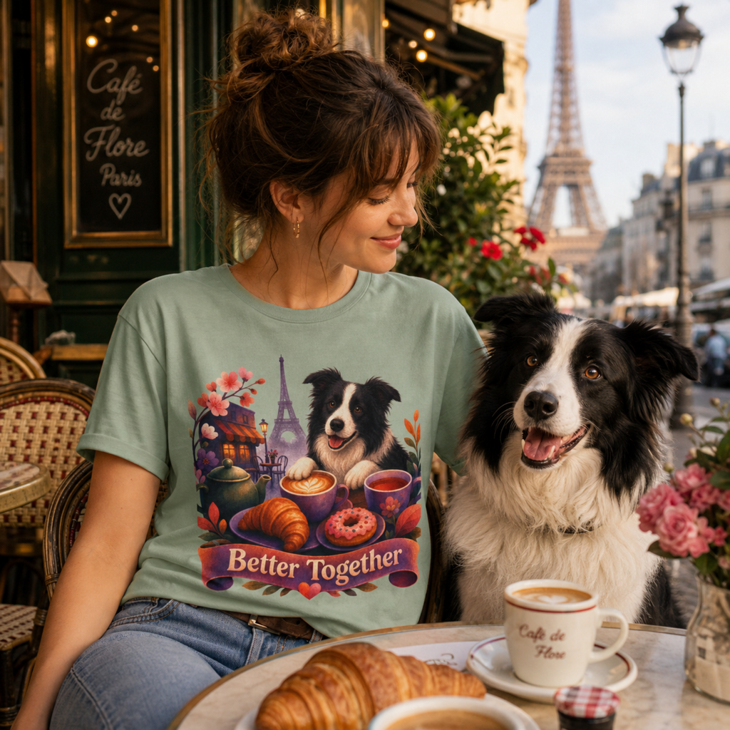 Better Together Border Collie T-Shirt | Retro Dog, Coffee & Café Tee