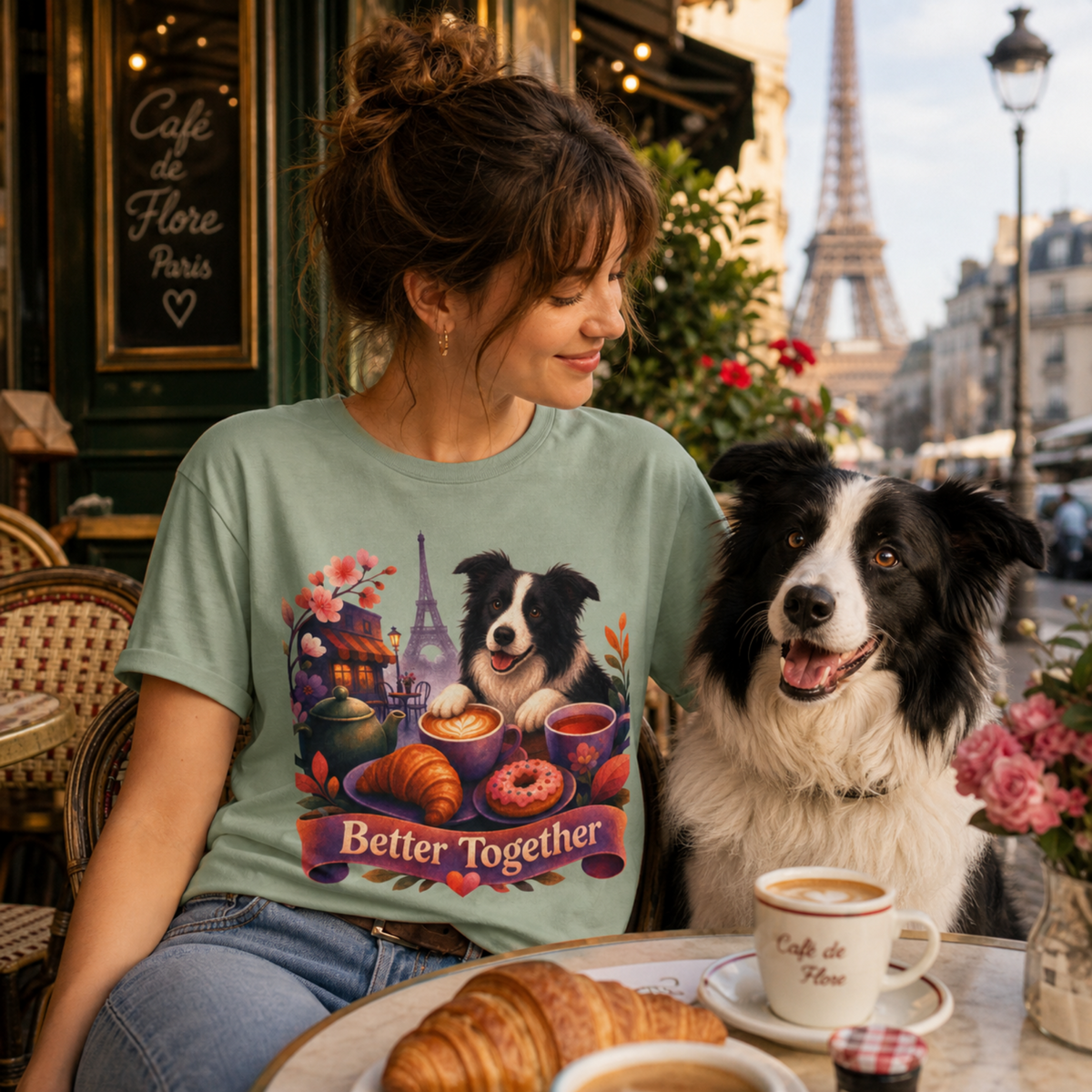 Better Together Border Collie T-Shirt | Retro Dog, Coffee & Café Tee