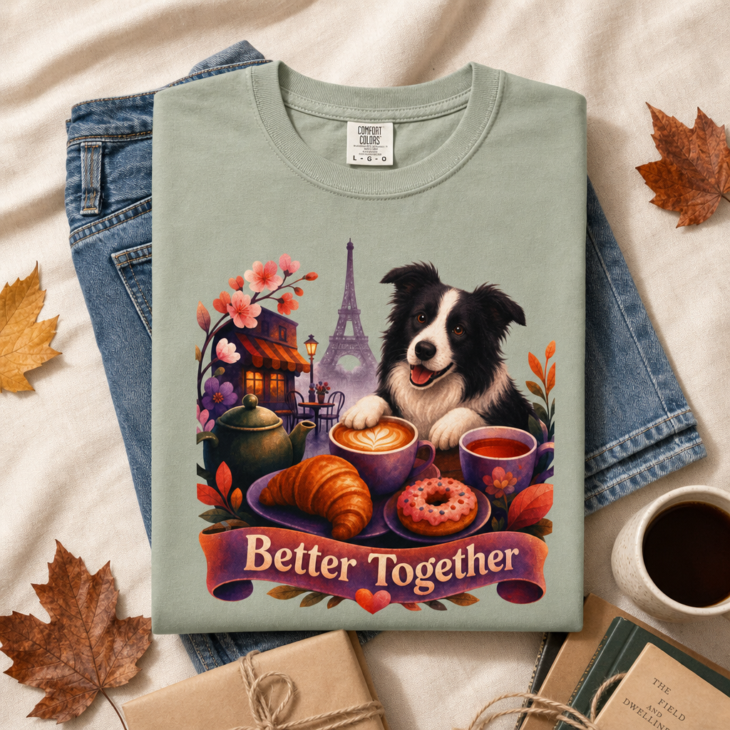 Better Together Border Collie T-Shirt | Retro Dog, Coffee & Café Tee
