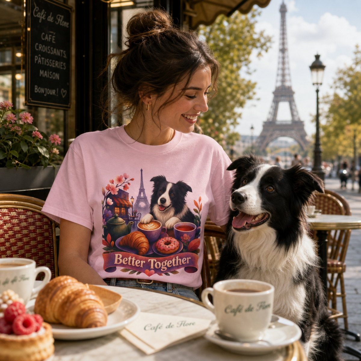 Better Together Border Collie T-Shirt | Retro Dog, Coffee & Café Tee