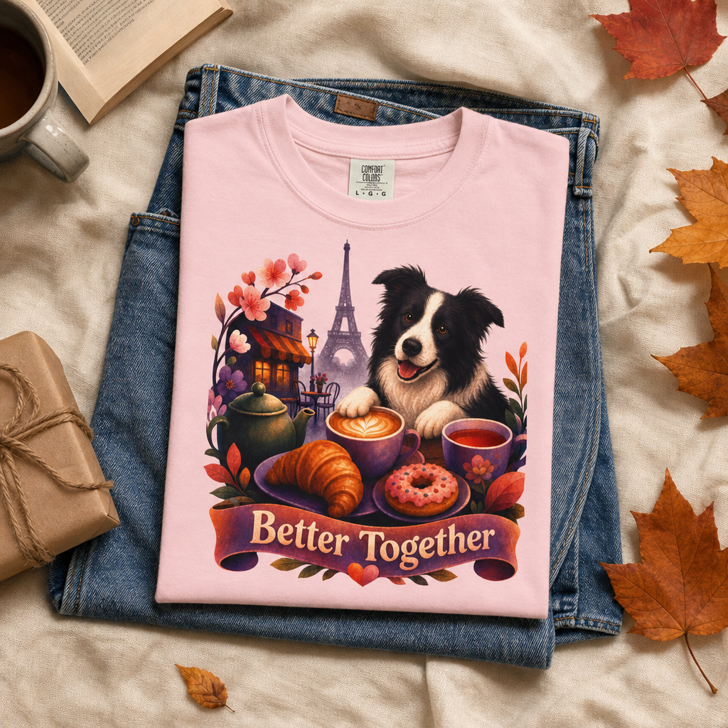 Better Together Border Collie T-Shirt | Retro Dog, Coffee & Café Tee