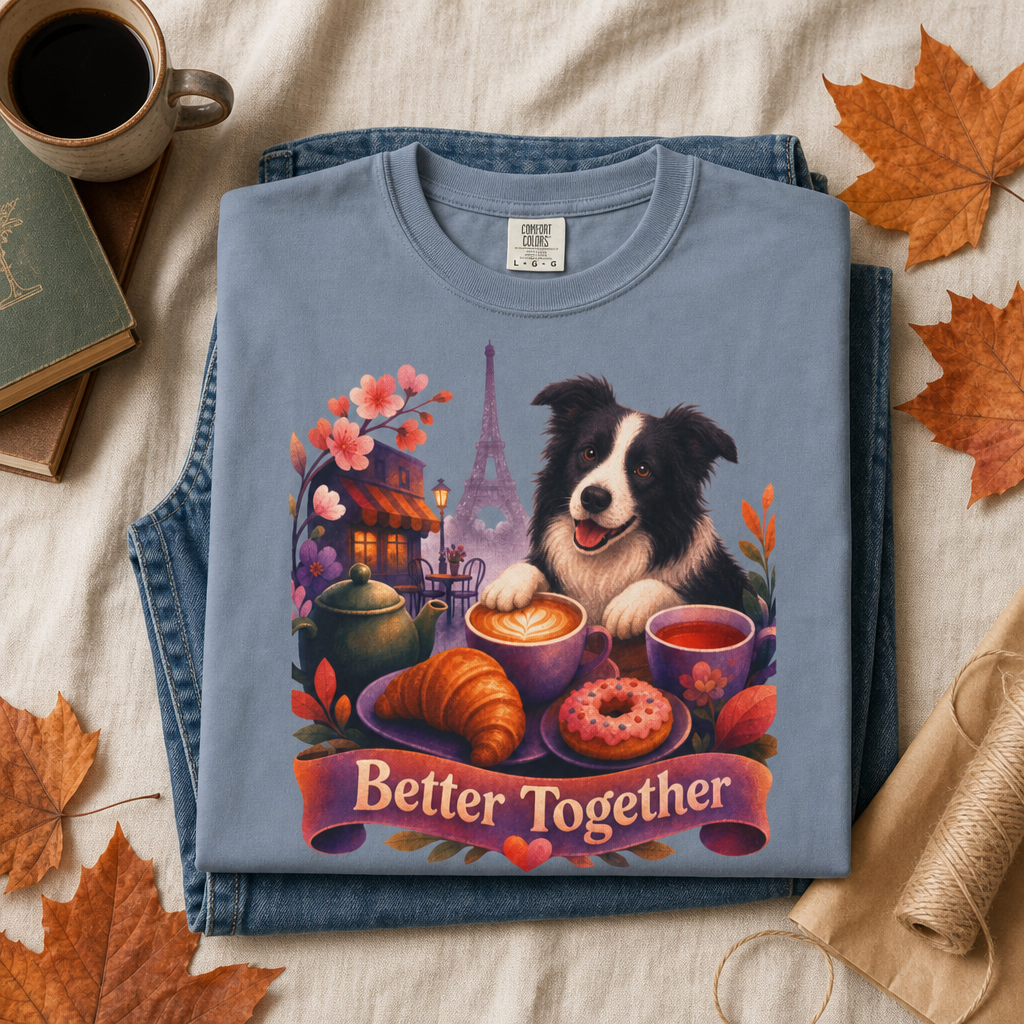 Better Together Border Collie T-Shirt | Retro Dog, Coffee & Café Tee