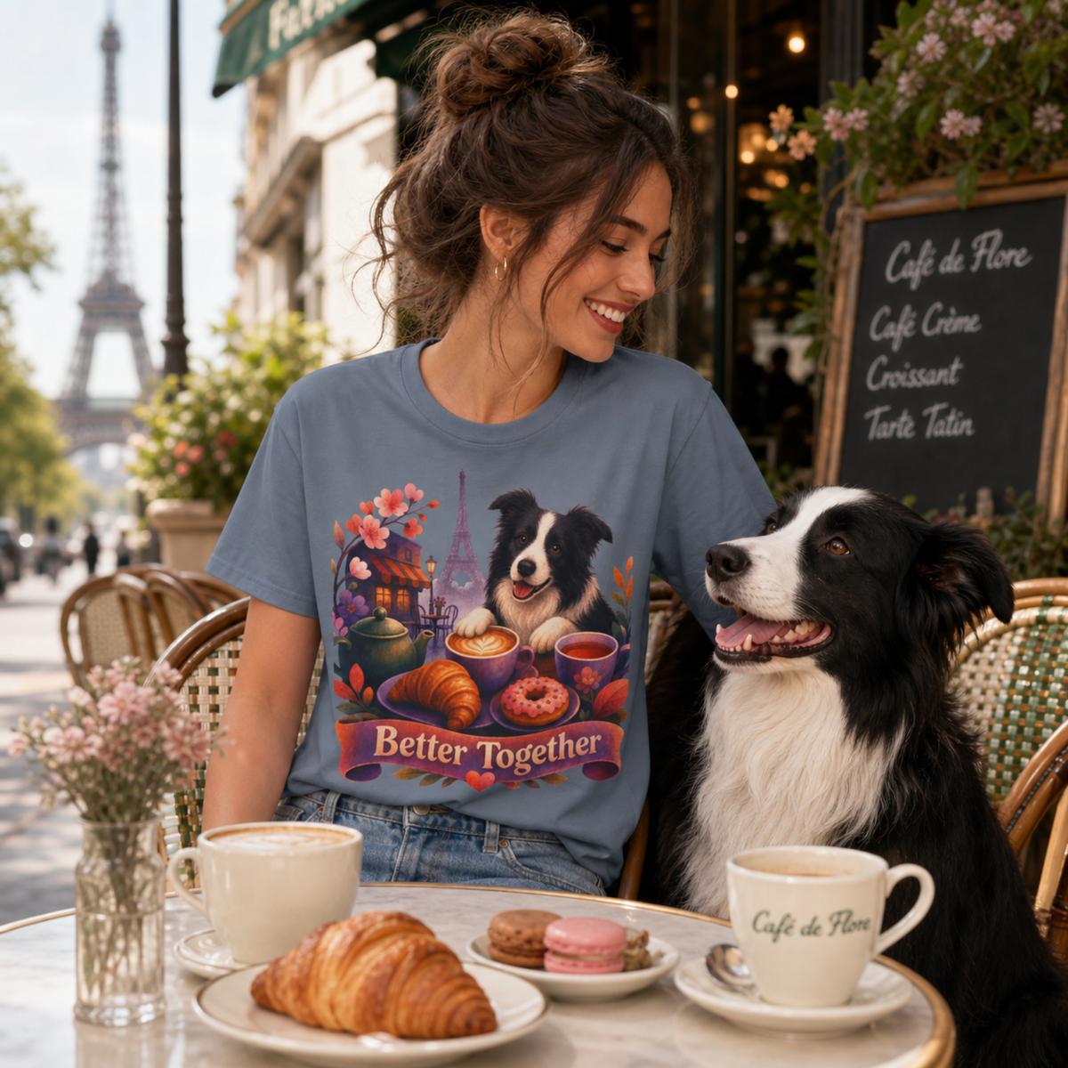 Better Together Border Collie T-Shirt | Retro Dog, Coffee & Café Tee