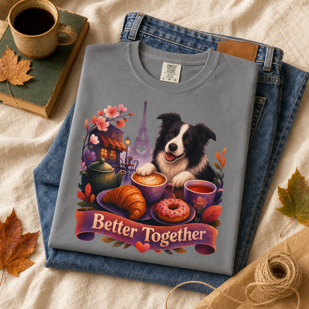 Better Together Border Collie T-Shirt | Retro Dog, Coffee & Café Tee