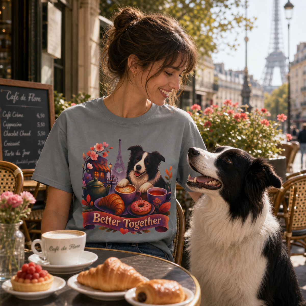 Better Together Border Collie T-Shirt | Retro Dog, Coffee & Café Tee