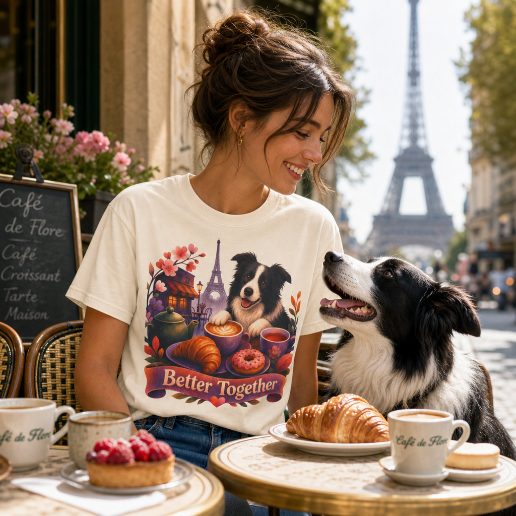 Better Together Border Collie T-Shirt | Retro Dog, Coffee & Café Tee