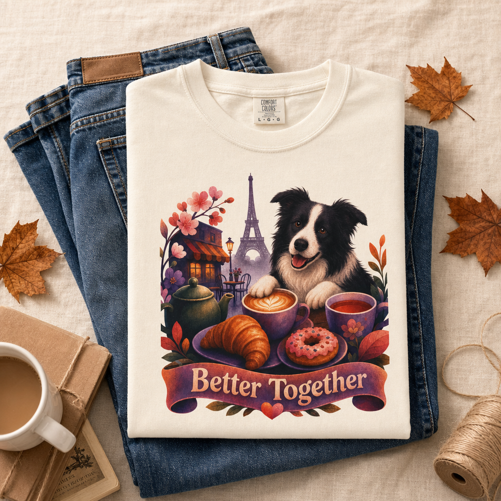 Better Together Border Collie T-Shirt | Retro Dog, Coffee & Café Tee
