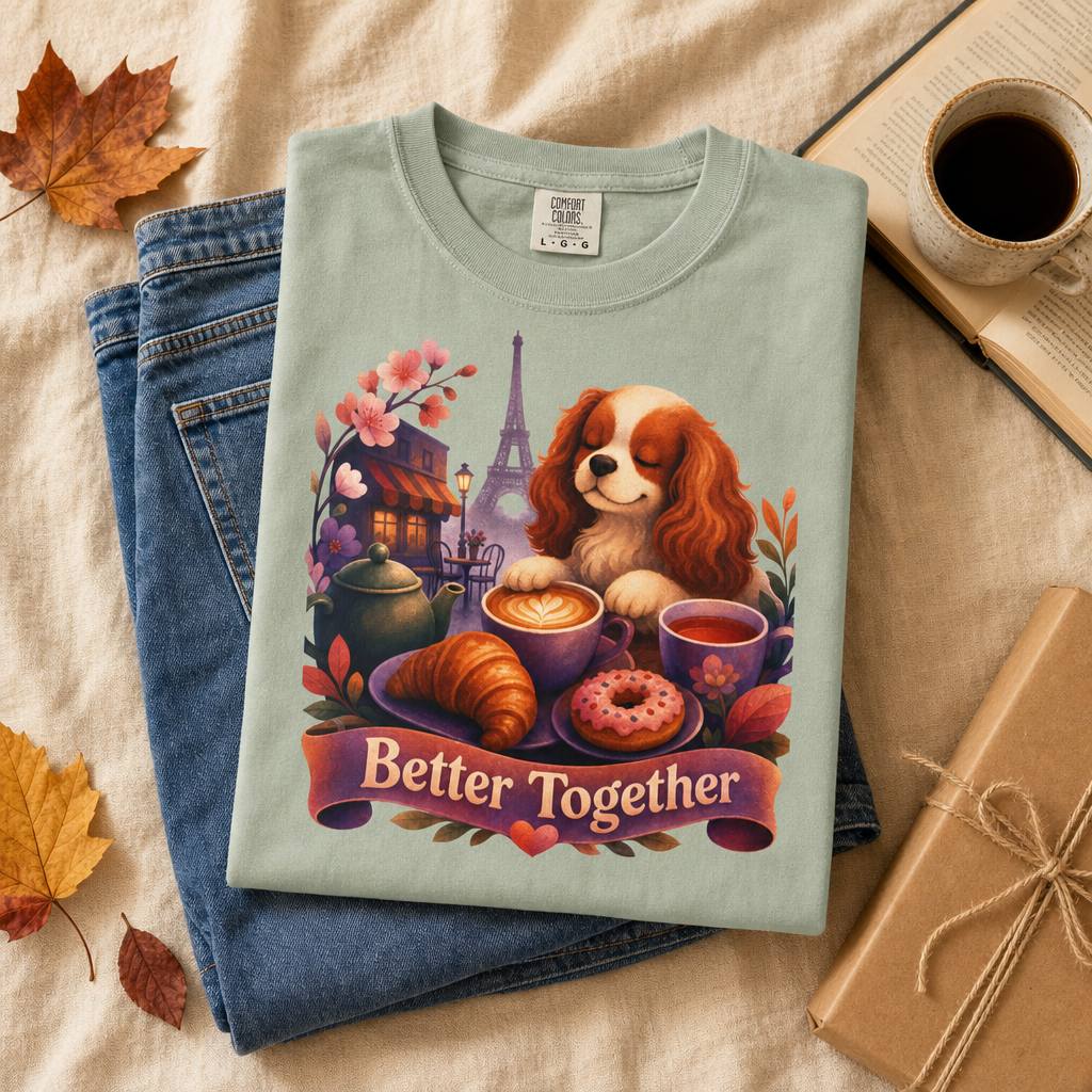 Better Together Cavalier King Charles Spaniel T-Shirt | Retro Dog, Coffee & Café Tee