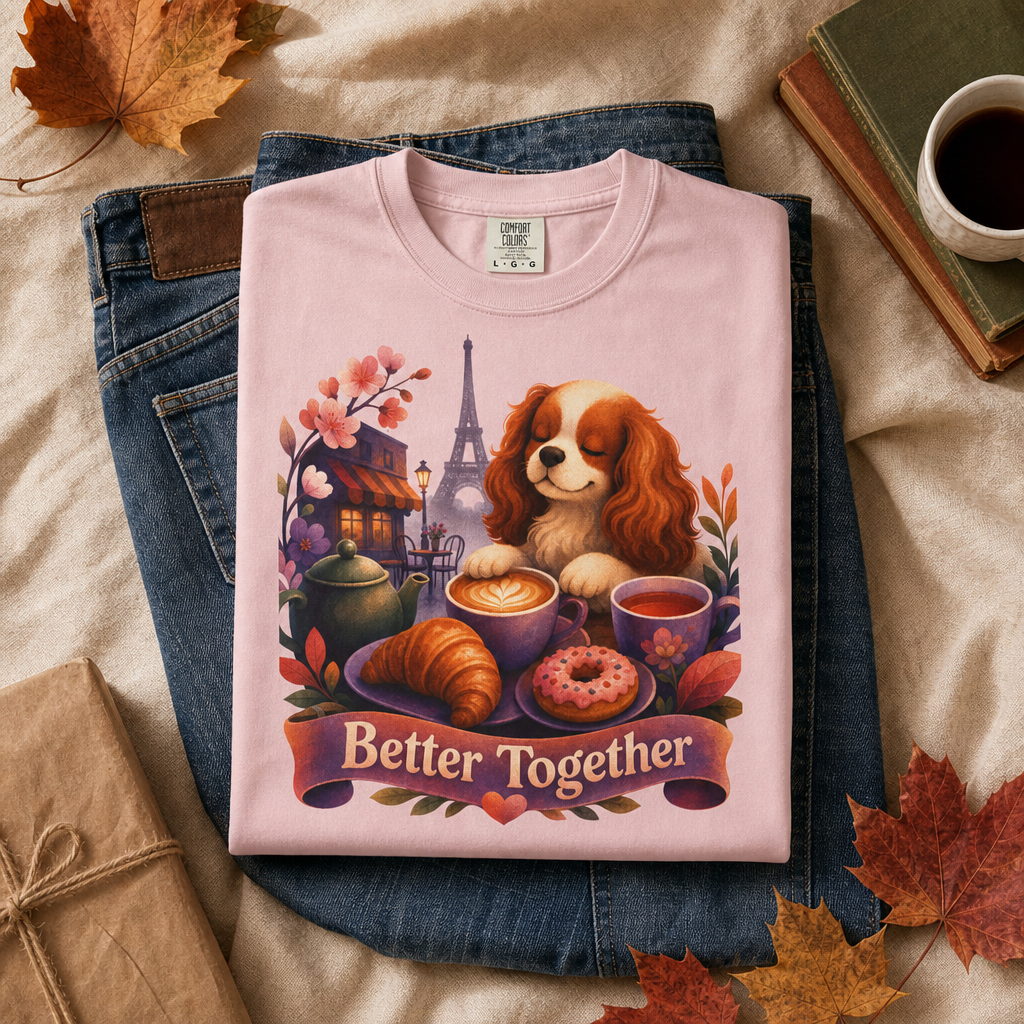 Better Together Cavalier King Charles Spaniel T-Shirt | Retro Dog, Coffee & Café Tee