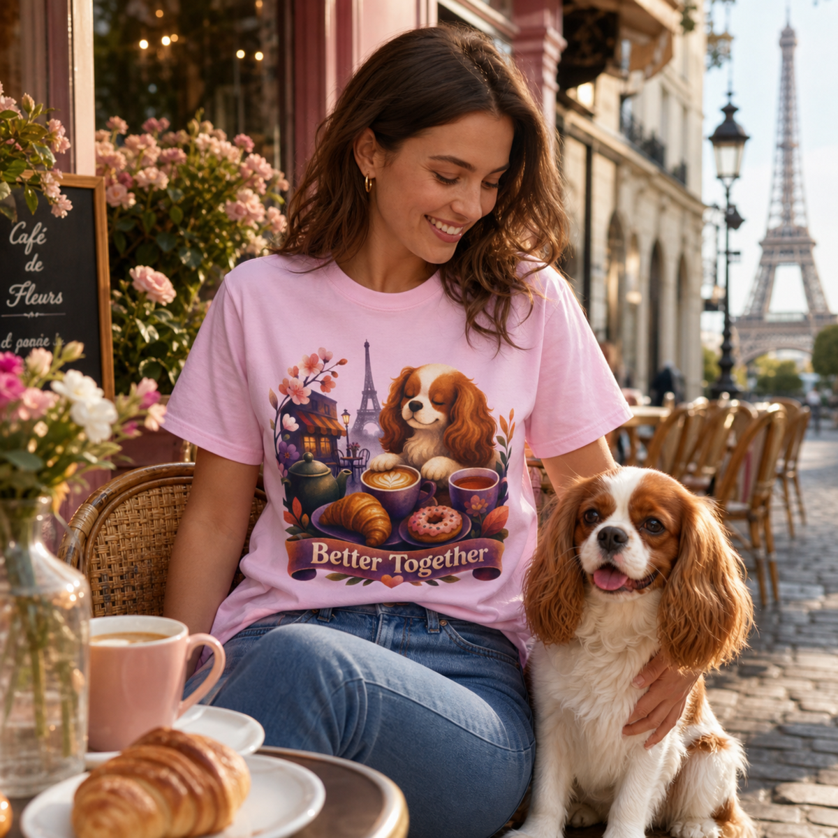 Better Together Cavalier King Charles Spaniel T-Shirt | Retro Dog, Coffee & Café Tee