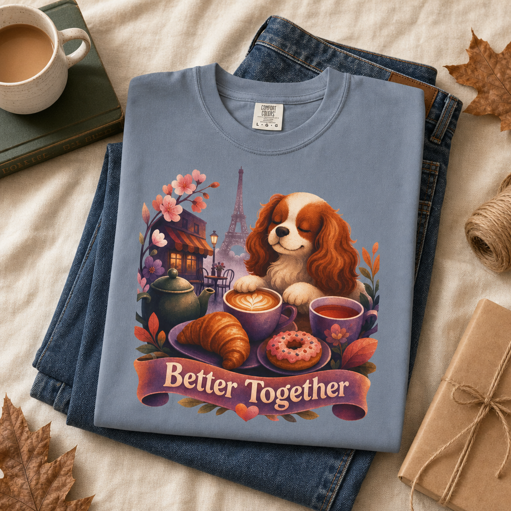 Better Together Cavalier King Charles Spaniel T-Shirt | Retro Dog, Coffee & Café Tee