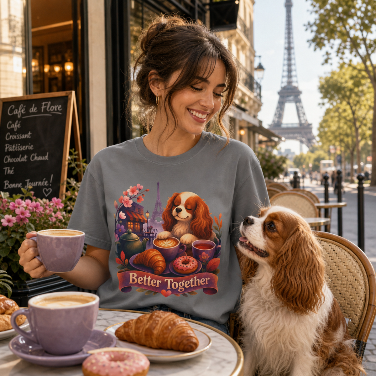 Better Together Cavalier King Charles Spaniel T-Shirt | Retro Dog, Coffee & Café Tee