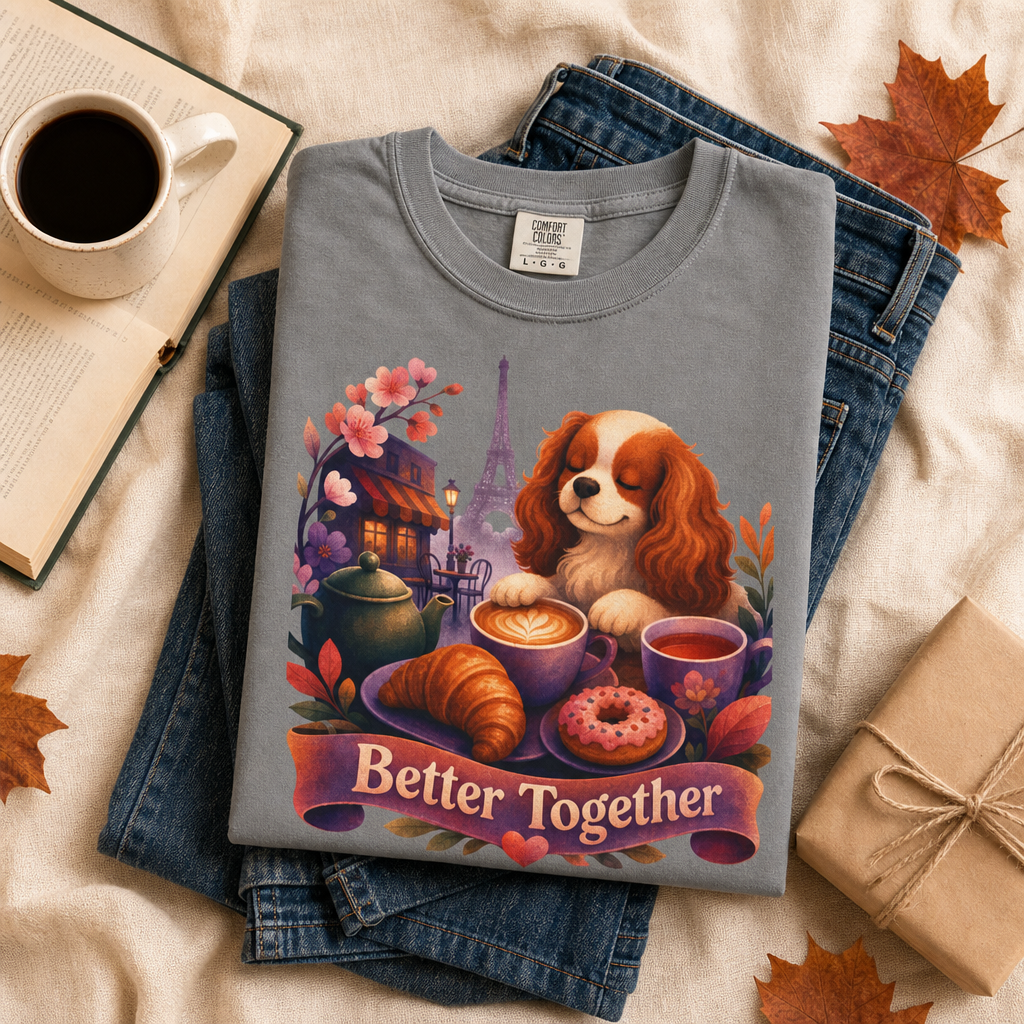 Better Together Cavalier King Charles Spaniel T-Shirt | Retro Dog, Coffee & Café Tee