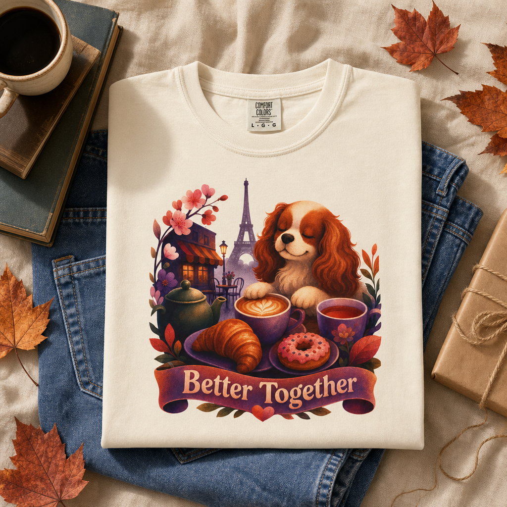 Better Together Cavalier King Charles Spaniel T-Shirt | Retro Dog, Coffee & Café Tee