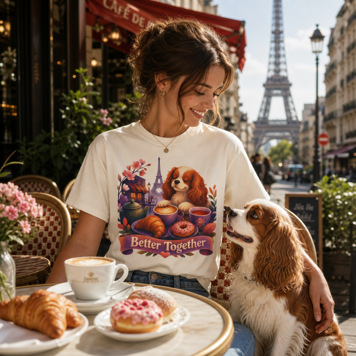 Better Together Cavalier King Charles Spaniel T-Shirt | Retro Dog, Coffee & Café Tee