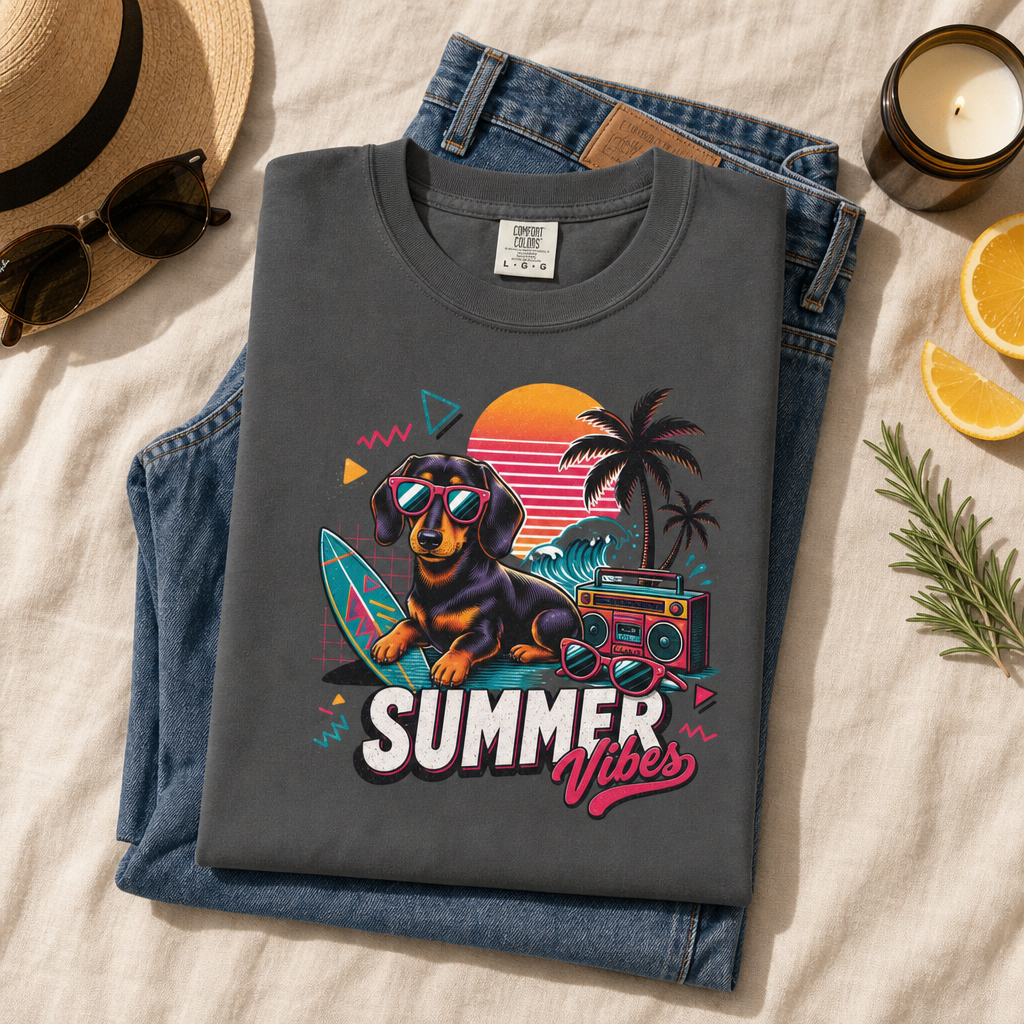 Summer Vibes Dachshund — Retro Surf Dog Tee
