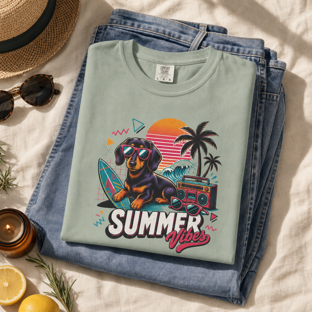 Summer Vibes Dachshund — Retro Surf Dog Tee