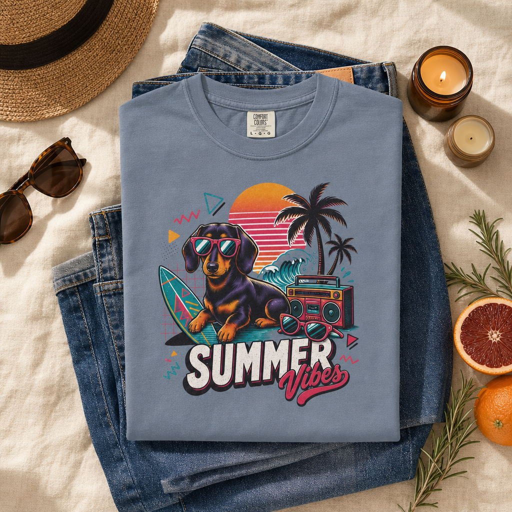 Summer Vibes Dachshund — Retro Surf Dog Tee