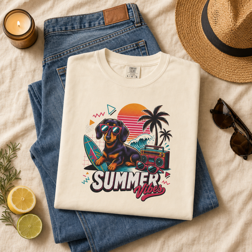 Summer Vibes Dachshund — Retro Surf Dog Tee