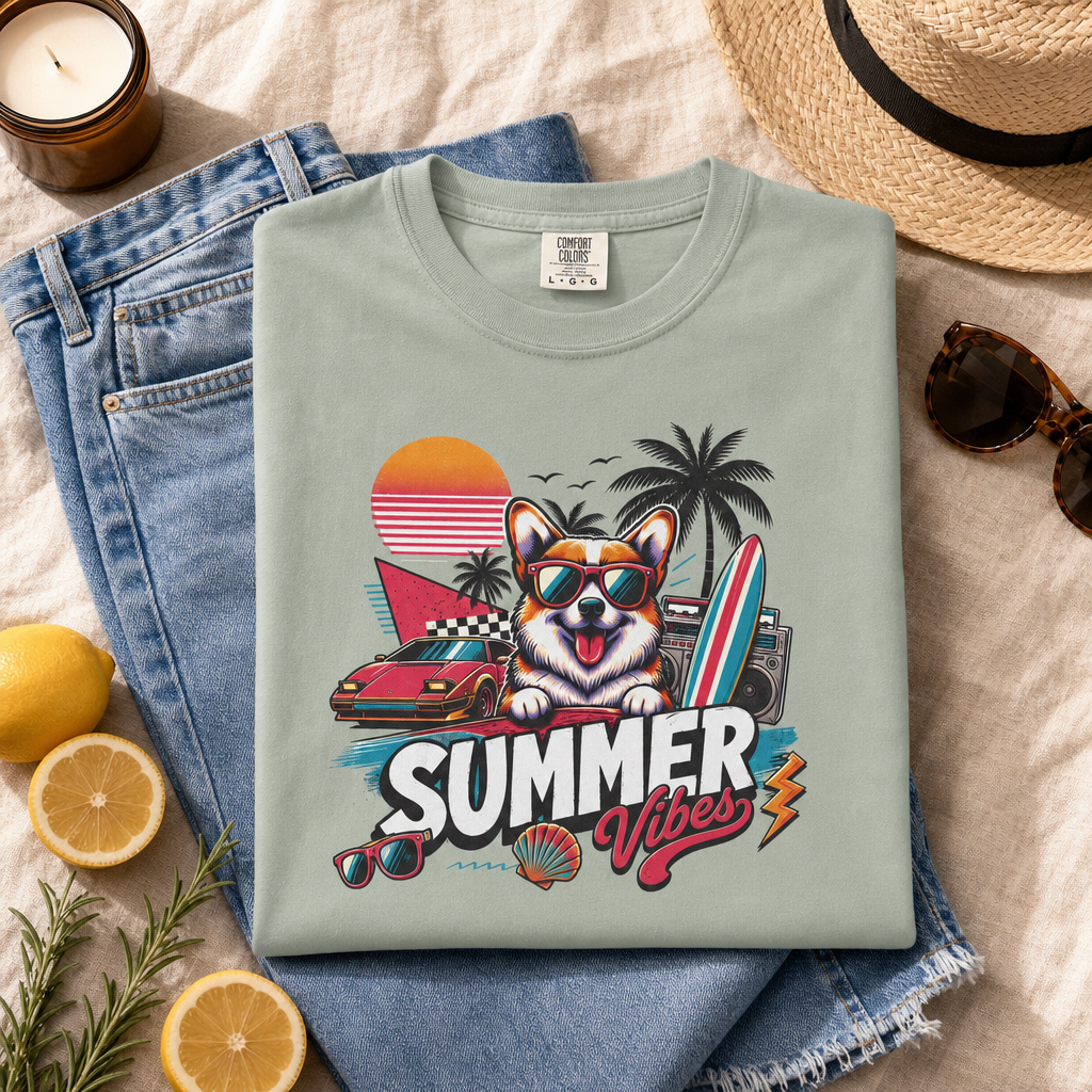 Summer Vibes Corgi — Retro Surf Dog Tee