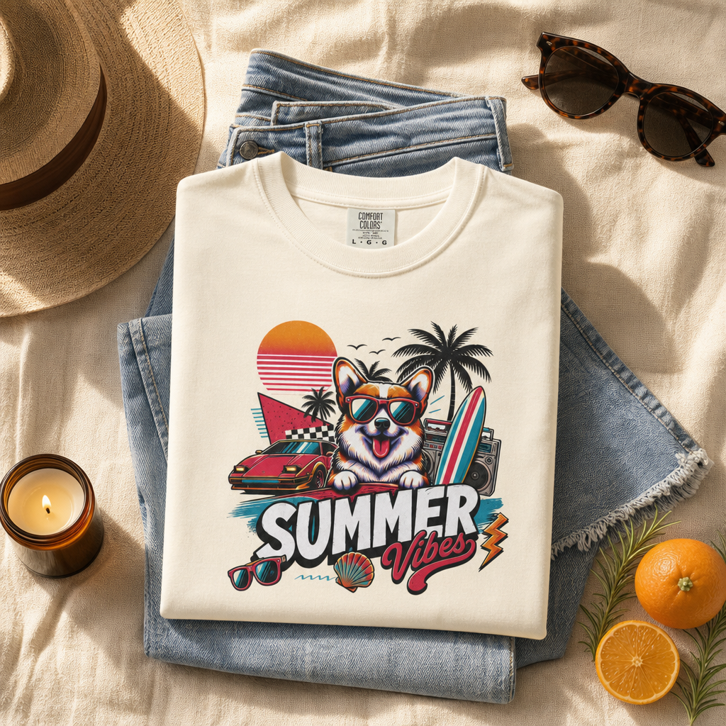 Summer Vibes Corgi — Retro Surf Dog Tee