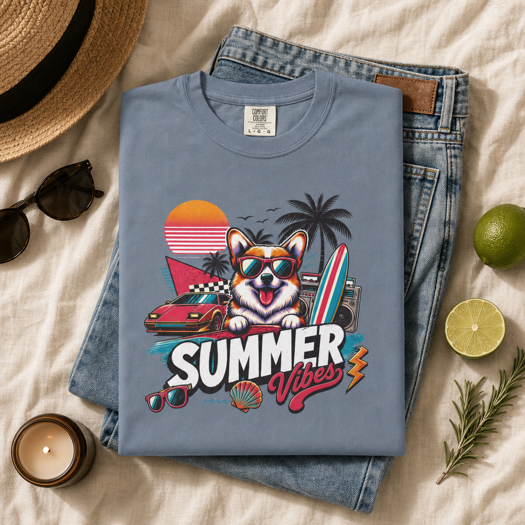 Summer Vibes Corgi — Retro Surf Dog Tee