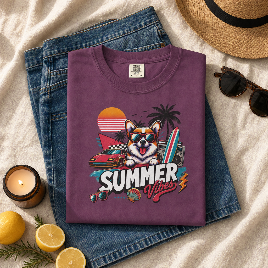 Summer Vibes Corgi — Retro Surf Dog Tee