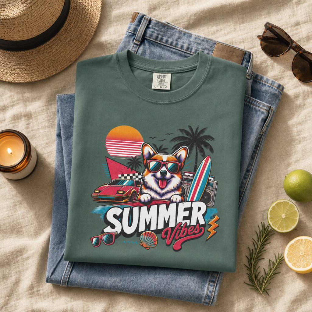 Summer Vibes Corgi — Retro Surf Dog Tee