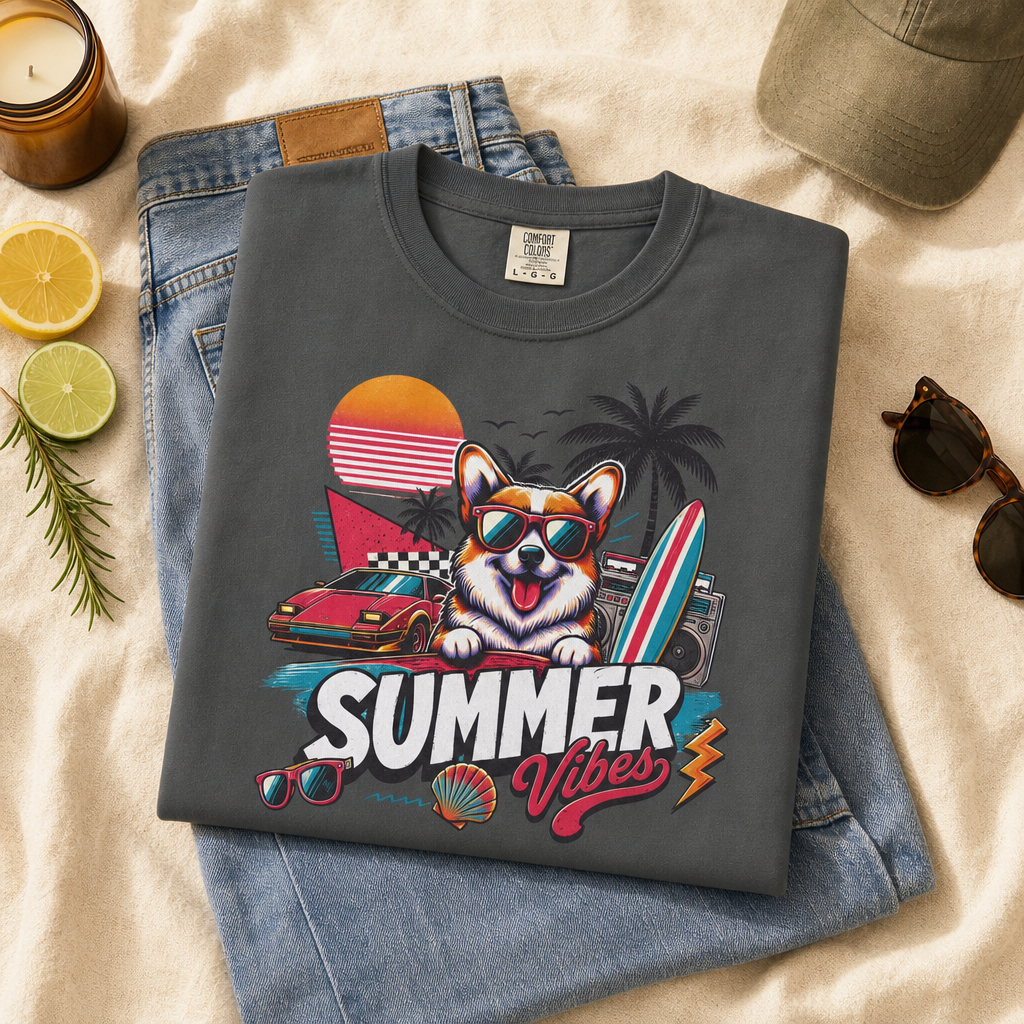 Summer Vibes Corgi — Retro Surf Dog Tee