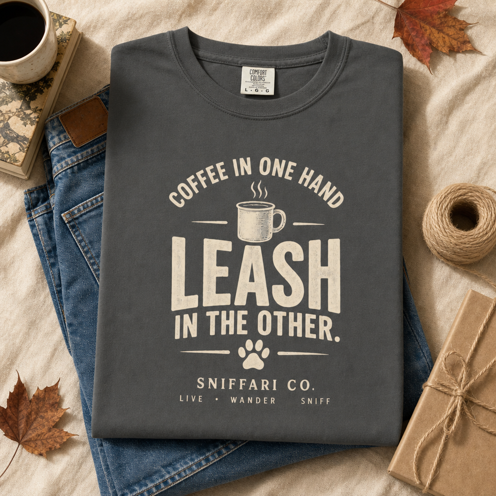 Coffee in One Hand. Leash in the Other. T-Shirt | Dog & Coffee Tee