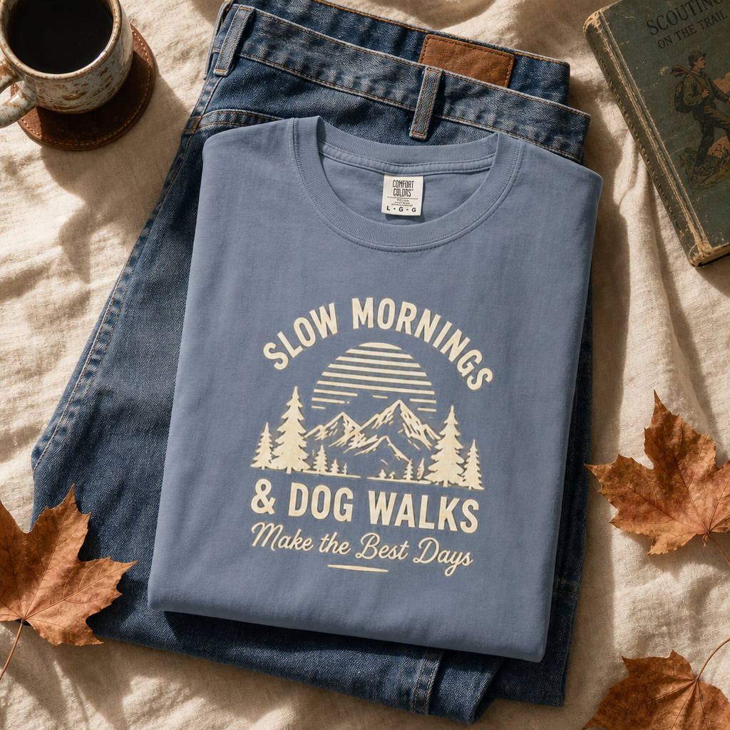 Slow Mornings & Dog Walks T-Shirt | Dog Lover & Coffee Tee