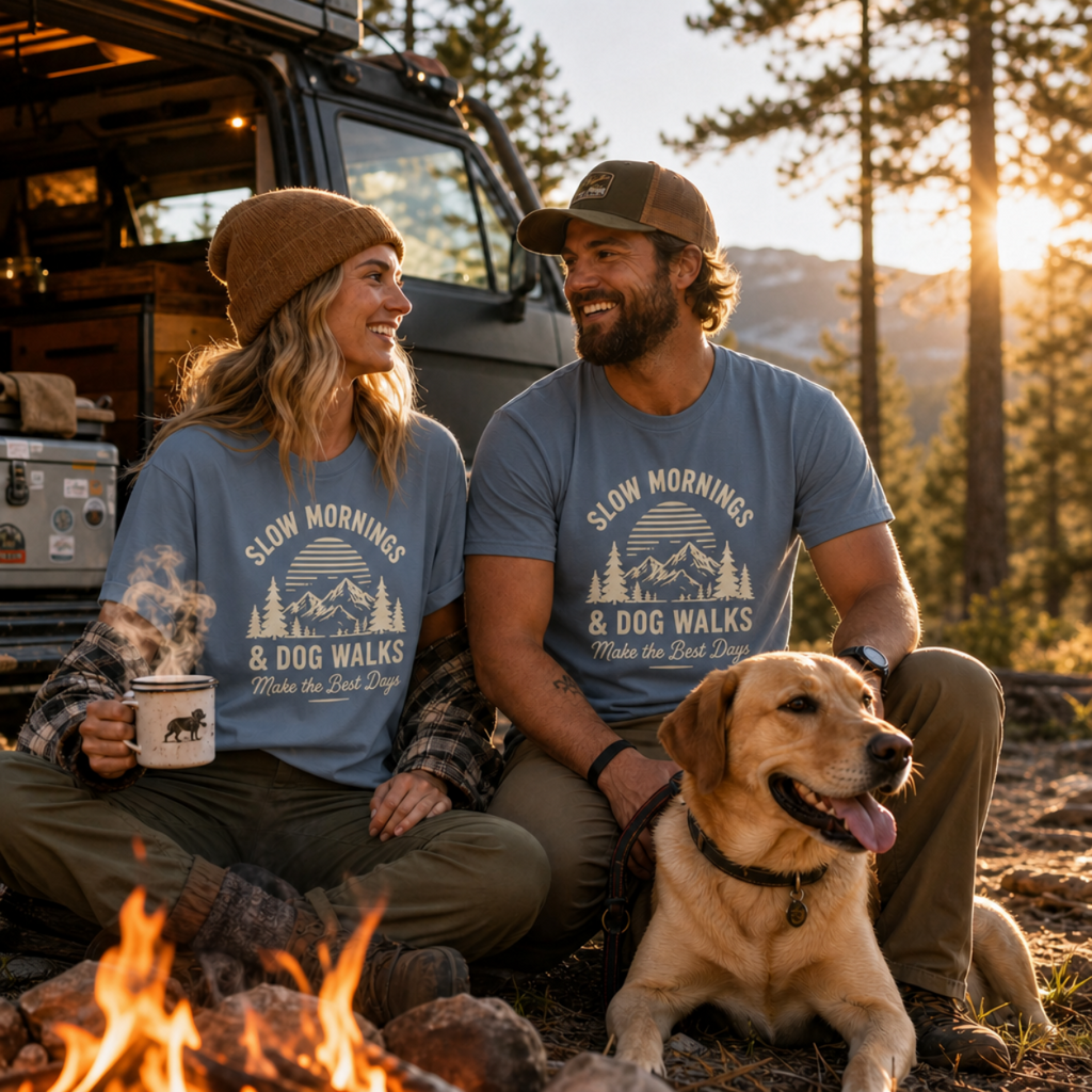 Slow Mornings & Dog Walks T-Shirt | Dog Lover & Coffee Tee