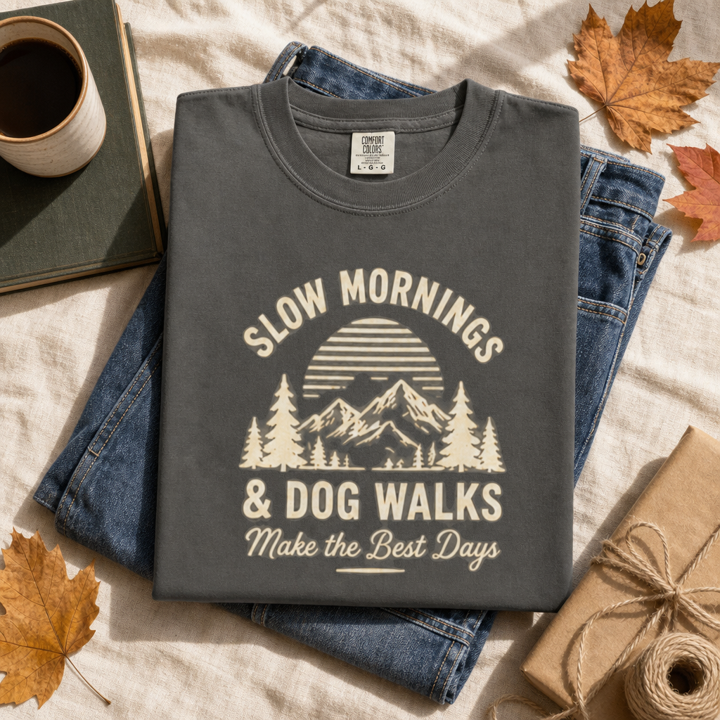 Slow Mornings & Dog Walks T-Shirt | Dog Lover & Coffee Tee