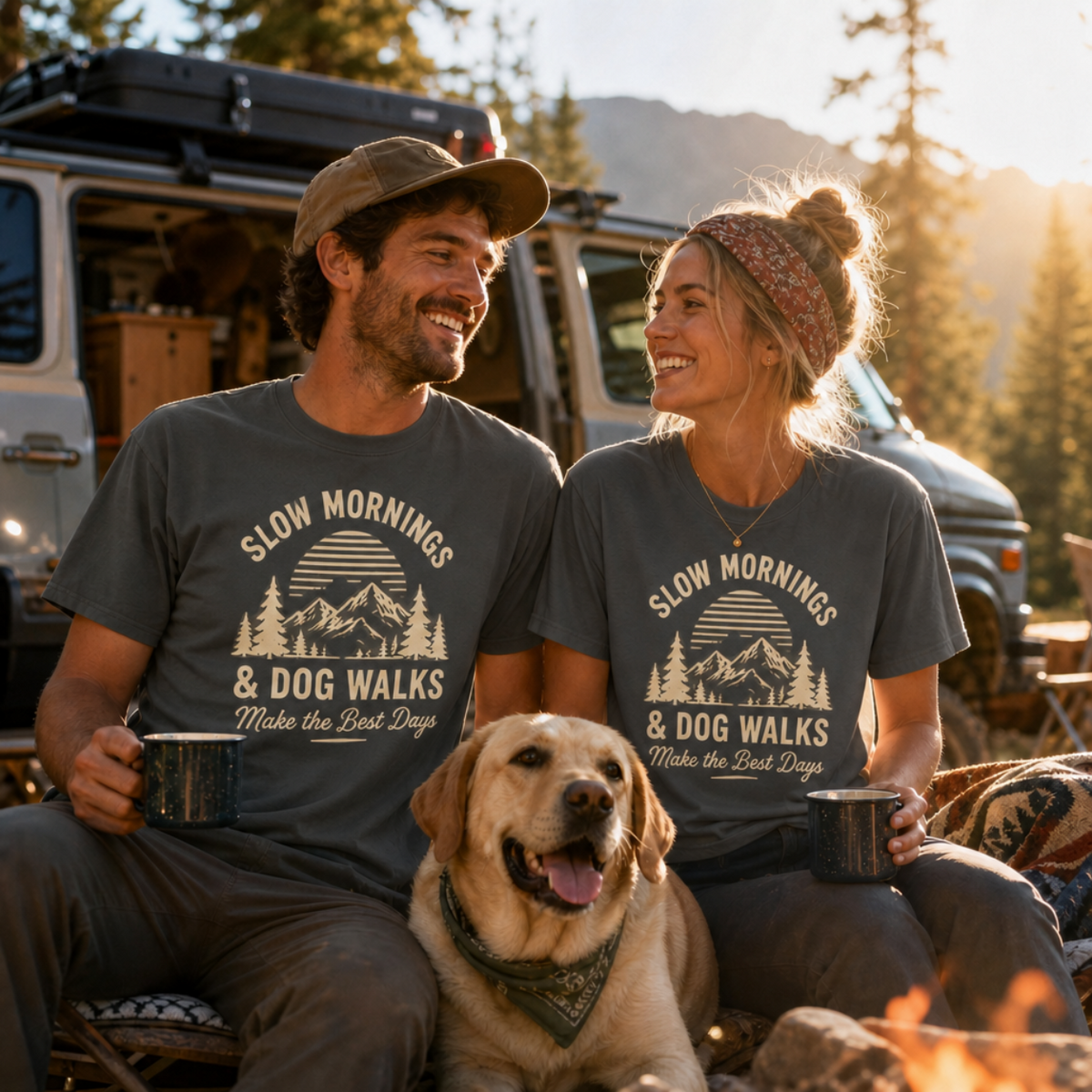 Slow Mornings & Dog Walks T-Shirt | Dog Lover & Coffee Tee