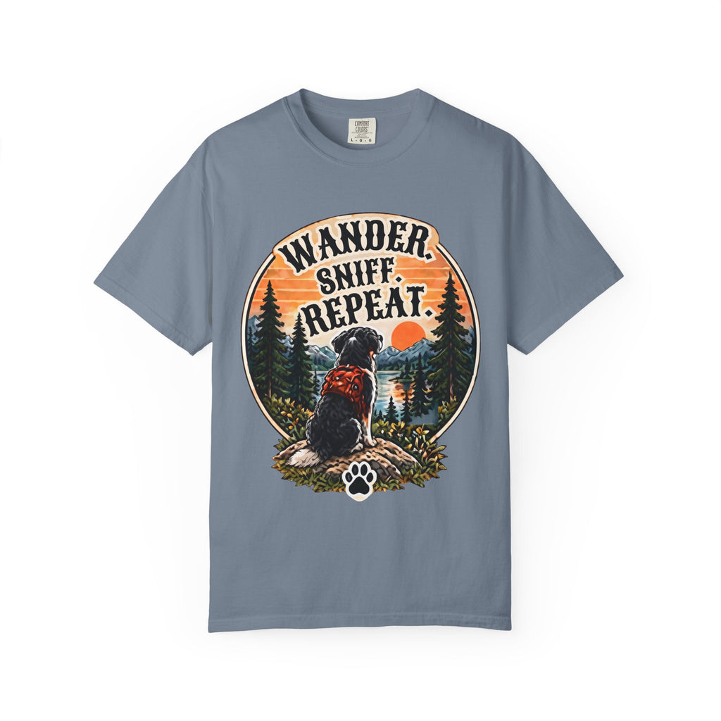 Wander Sniff Repeat Dog T-Shirt | Retro Outdoor Tee Dark