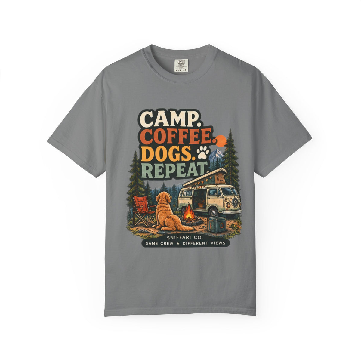 Camp Coffee Dogs Repeat T-Shirt | Camping & Dog Lover Tee Light