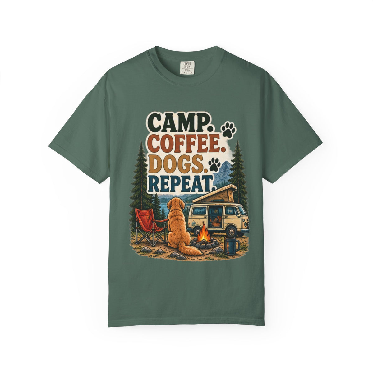 Camp Coffee Dogs Repeat T-Shirt | Camping & Dog Lover Tee Dark