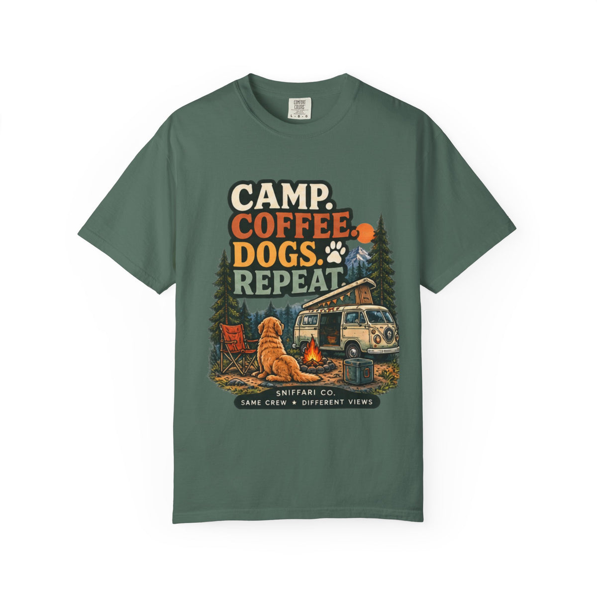 Camp Coffee Dogs Repeat T-Shirt | Camping & Dog Lover Tee Light