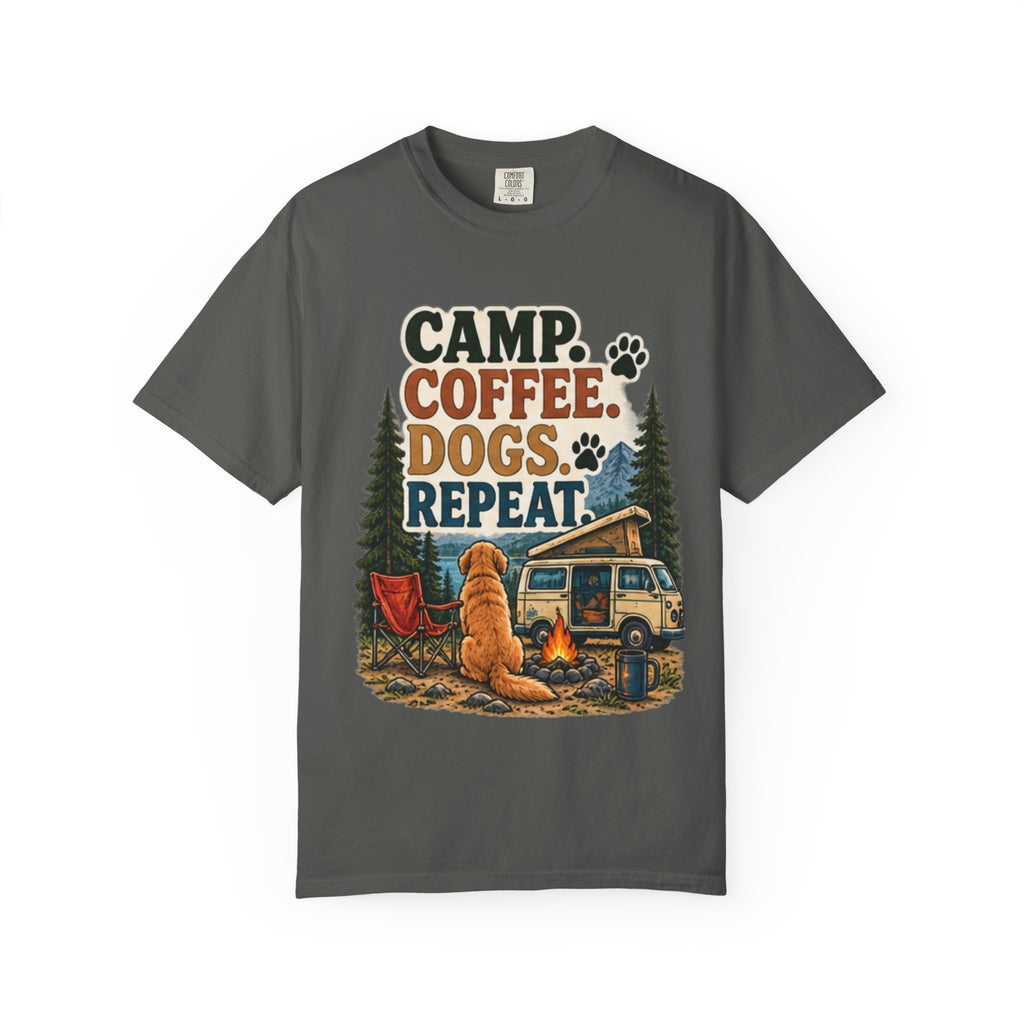 Camp Coffee Dogs Repeat T-Shirt | Camping & Dog Lover Tee Dark