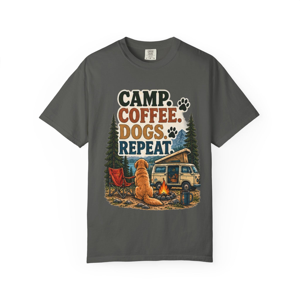 Camp Coffee Dogs Repeat T-Shirt | Camping & Dog Lover Tee Dark