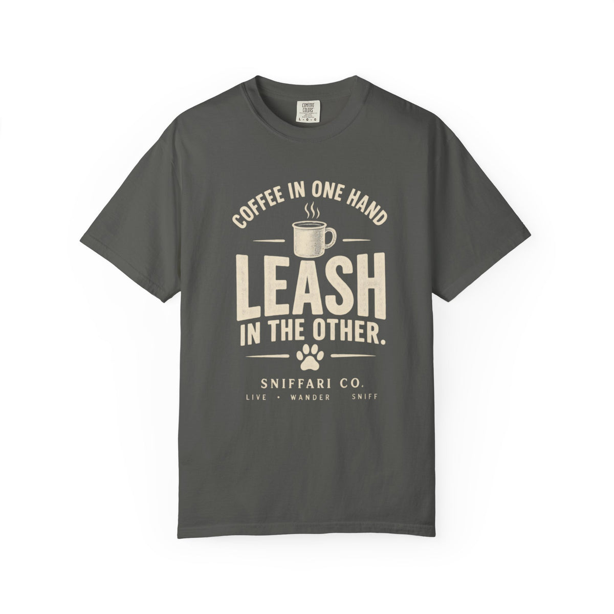 Coffee in One Hand. Leash in the Other. T-Shirt | Dog & Coffee Tee